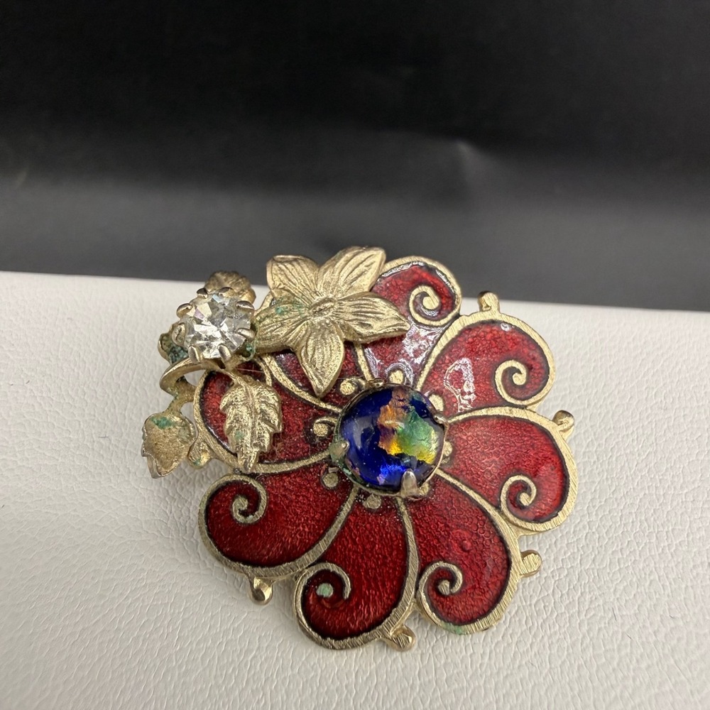 Vintage Cloisonne Brooch Gold Tone Enamel Flower Red Spring